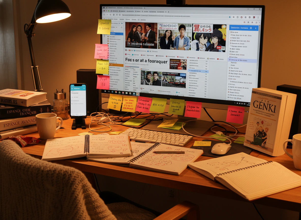 A desk with a computer and lots of post-it notes and notebooks open on the desk